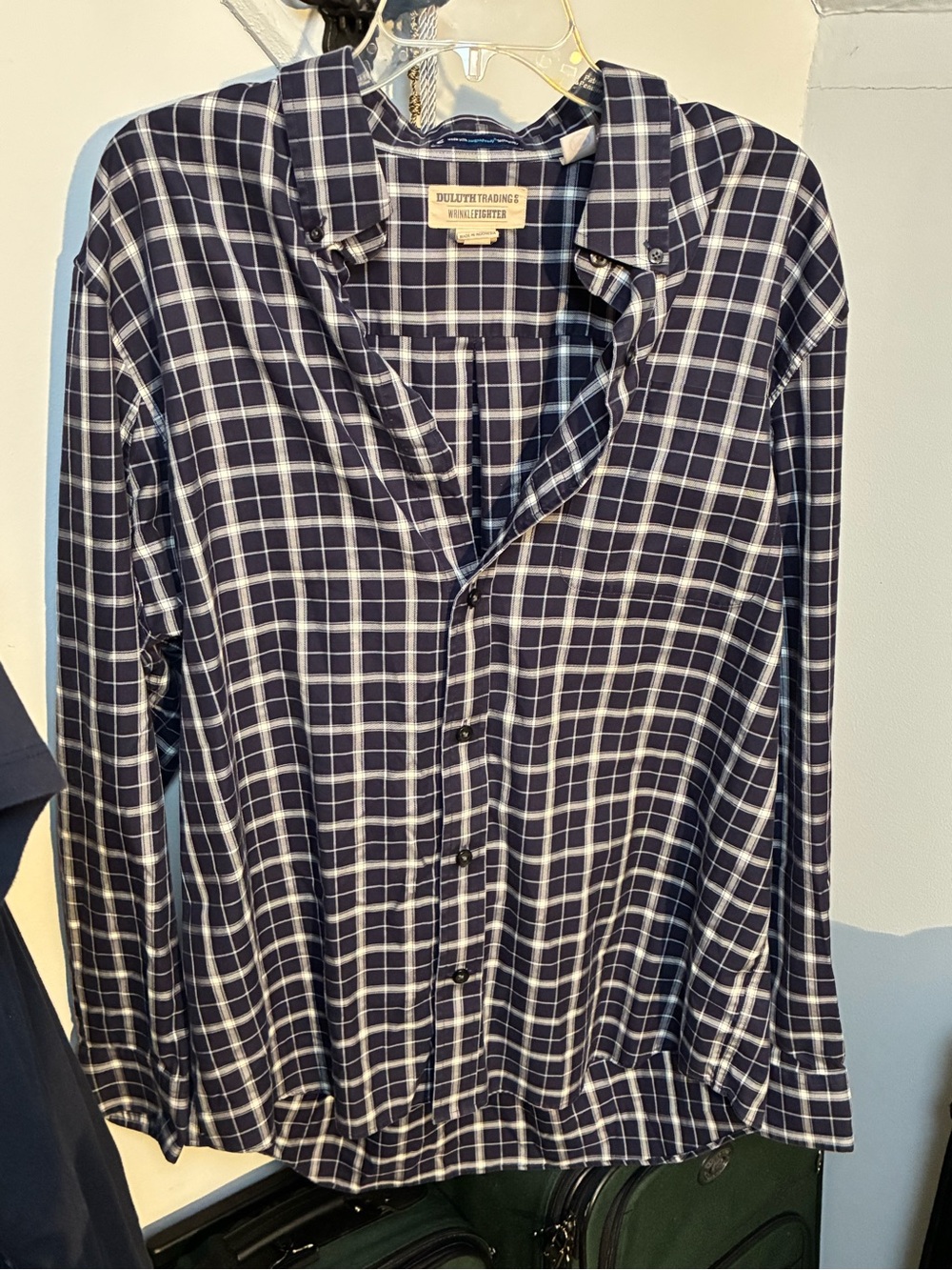 Duluth Trading Co Navy and White Plaid Button-Up Shirt